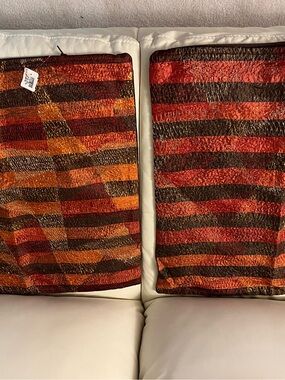 CRATE and BARREL Striped Rust, Brown, and Gold Throw Pillow Covers (Pair)